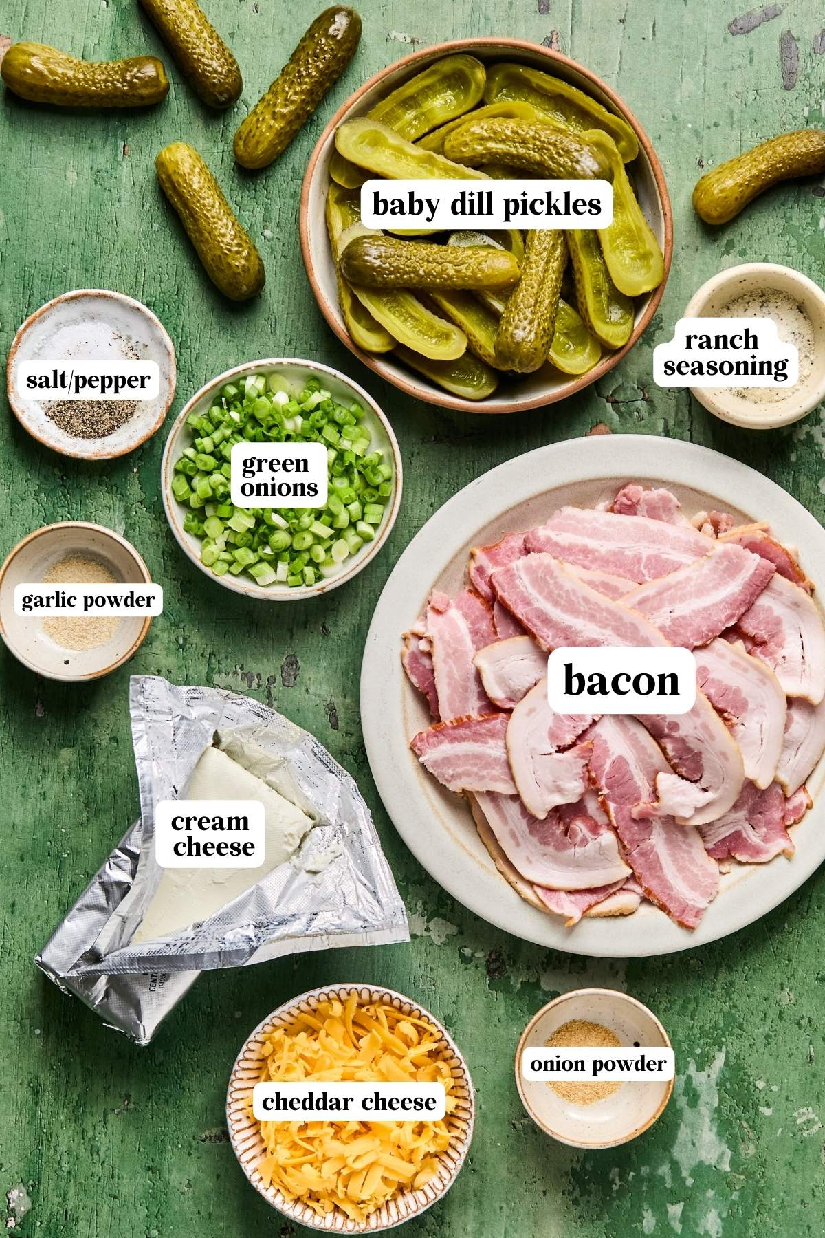 recipe ingredients in small bowls and labeled. 