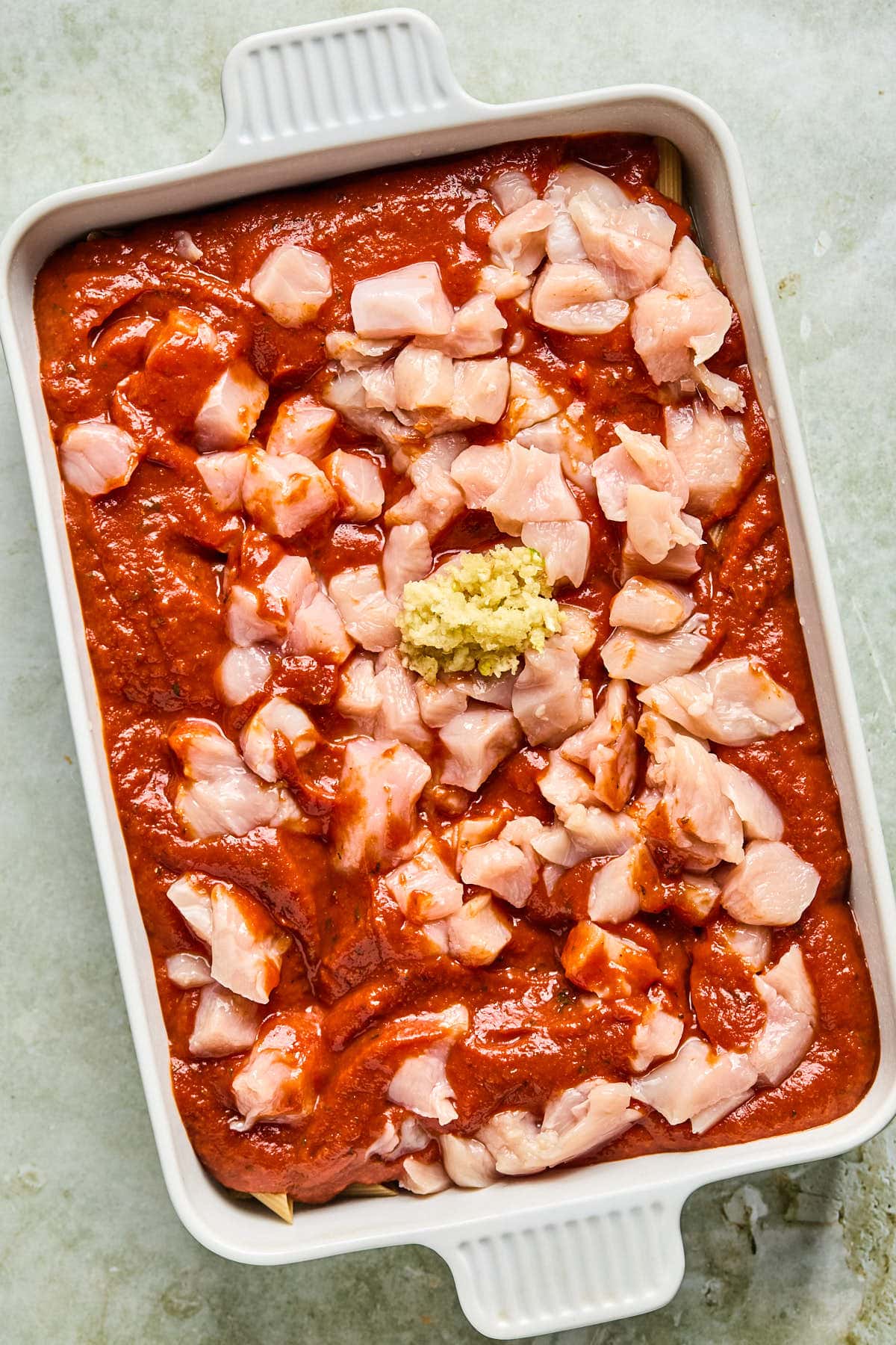 casserole ingredients in a baking dish 