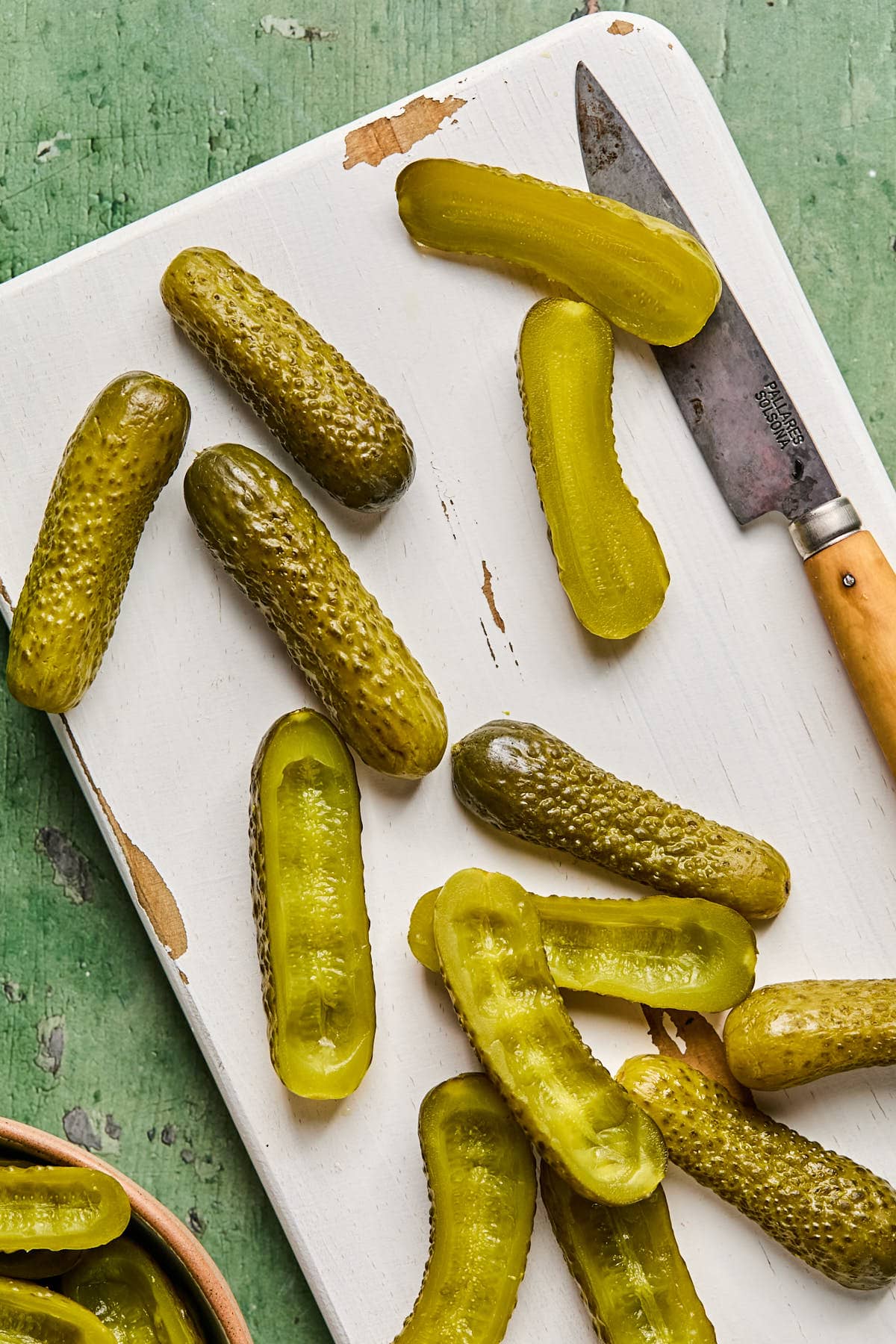 pickles chopped on a cutting board 