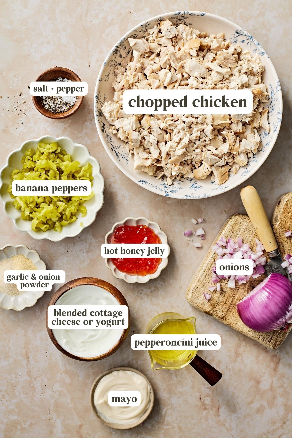 recipe ingredients in small bowls and labeled