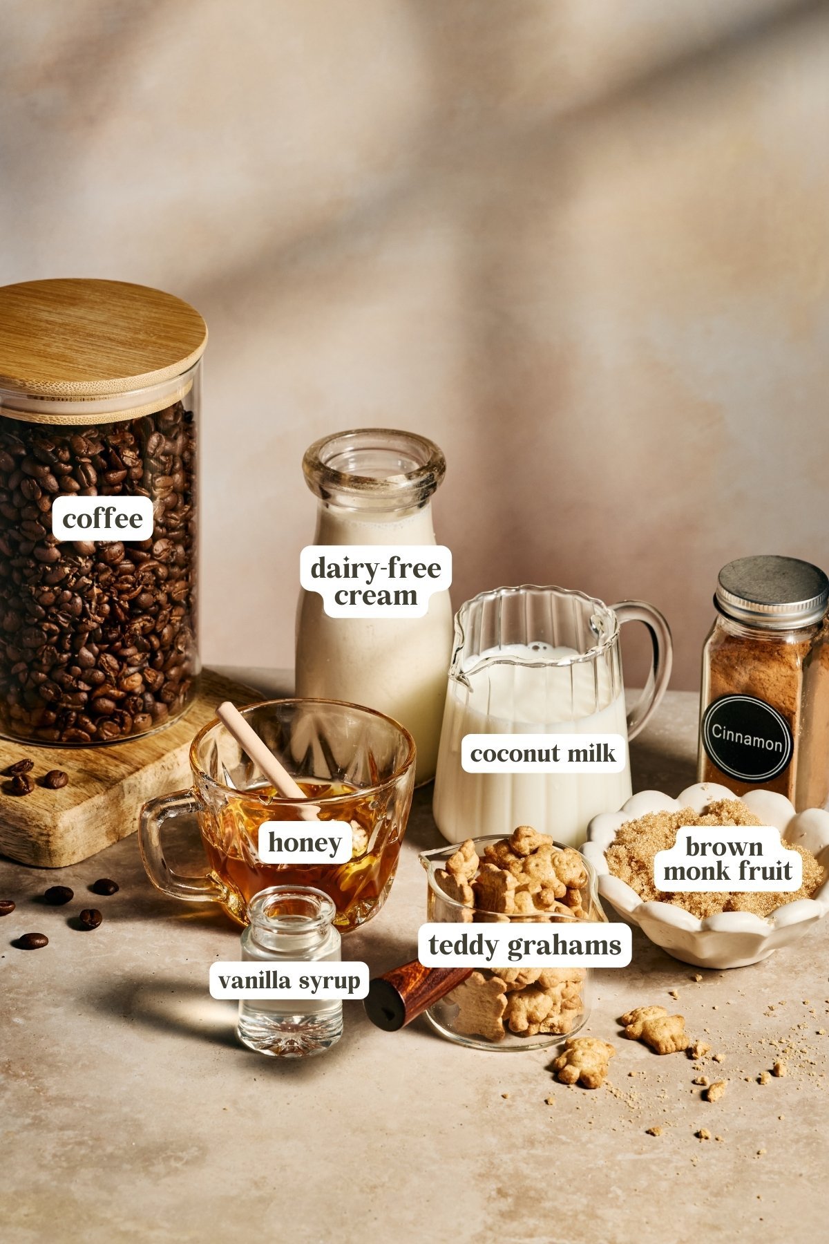 recipe ingredients in small bowls and labeled 