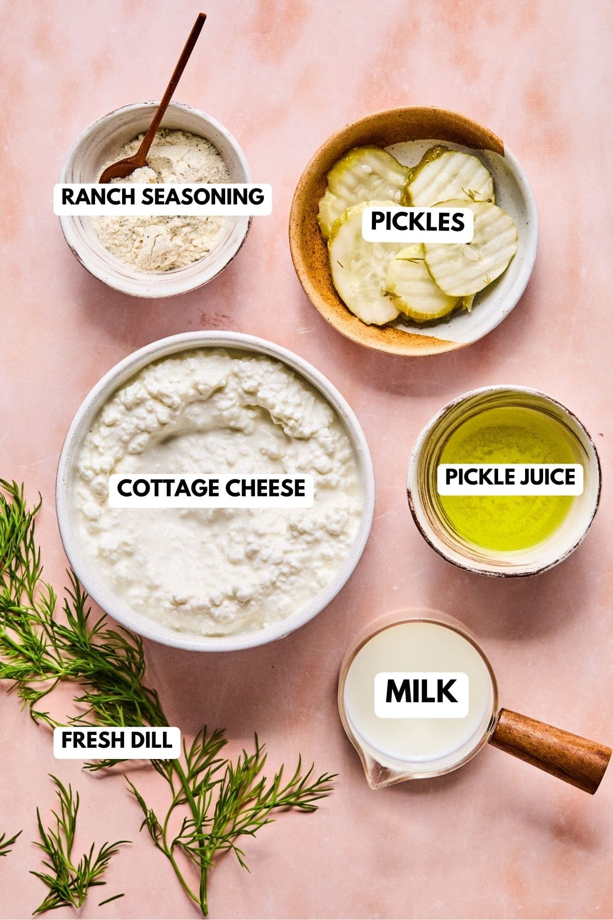ingredients to make dill pickle ranch dressing with cottage cheese, ranch seasoning, pickles, milk, and fresh dill. 