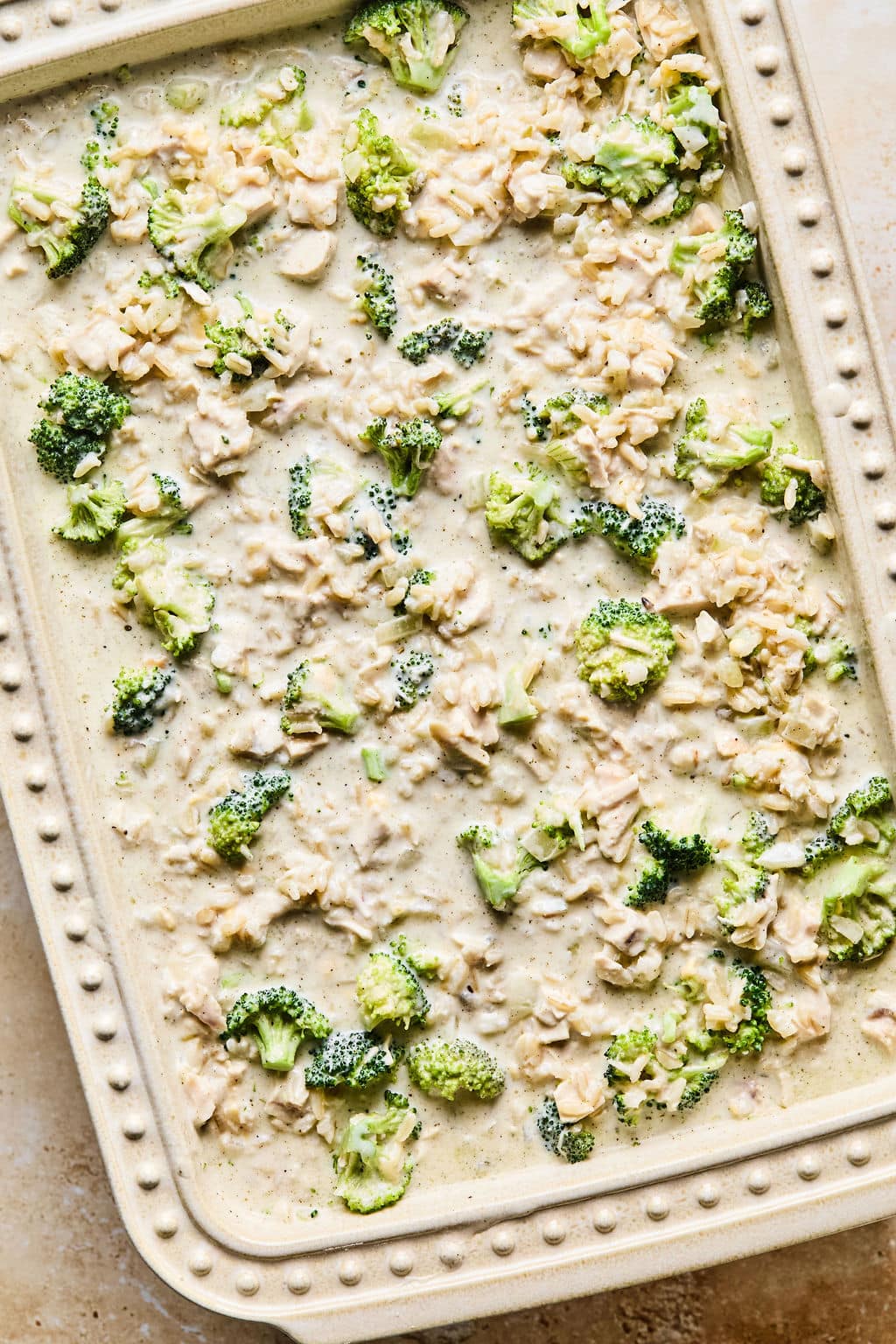 Leftover turkey casserole in a large baking dish.
