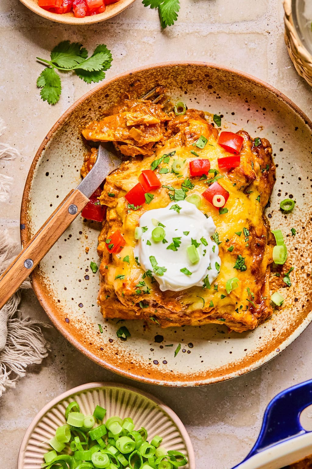 A slice of leftover turkey enchilada casserole on a plate topped with Greek yogurt, diced tomatoes, green onions, and herbs.