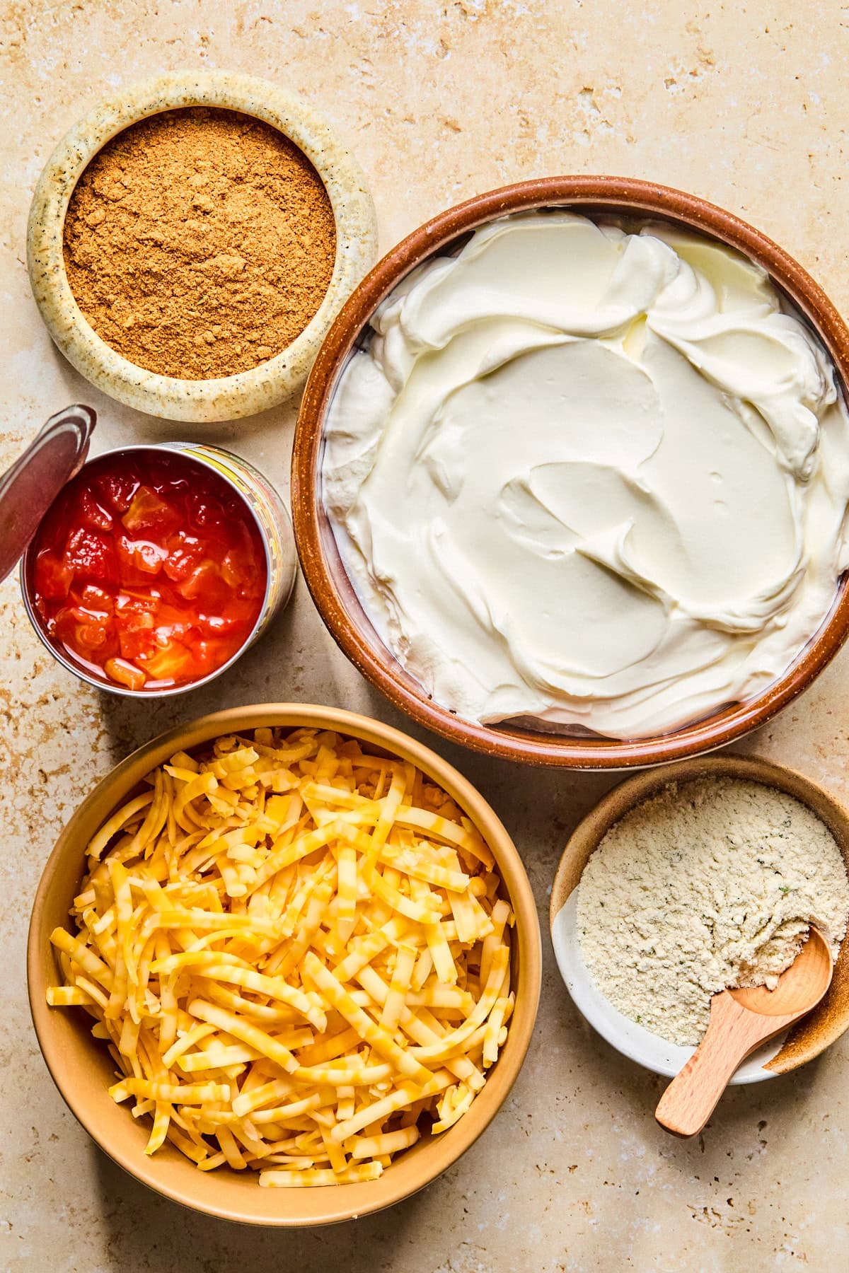Boat dip recipe ingredients laid out on a countertop.