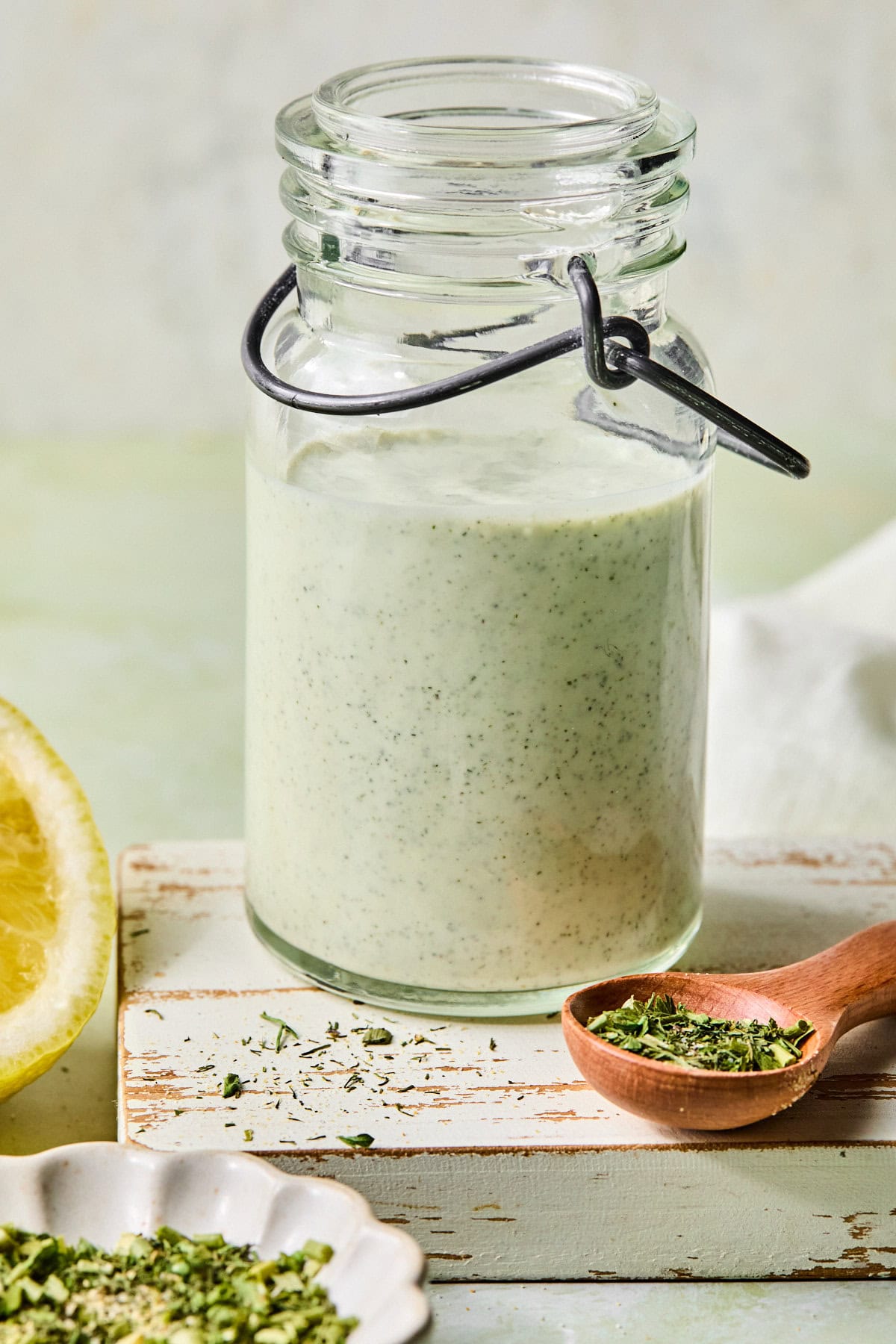 High protein ranch dressing in a glass jar.