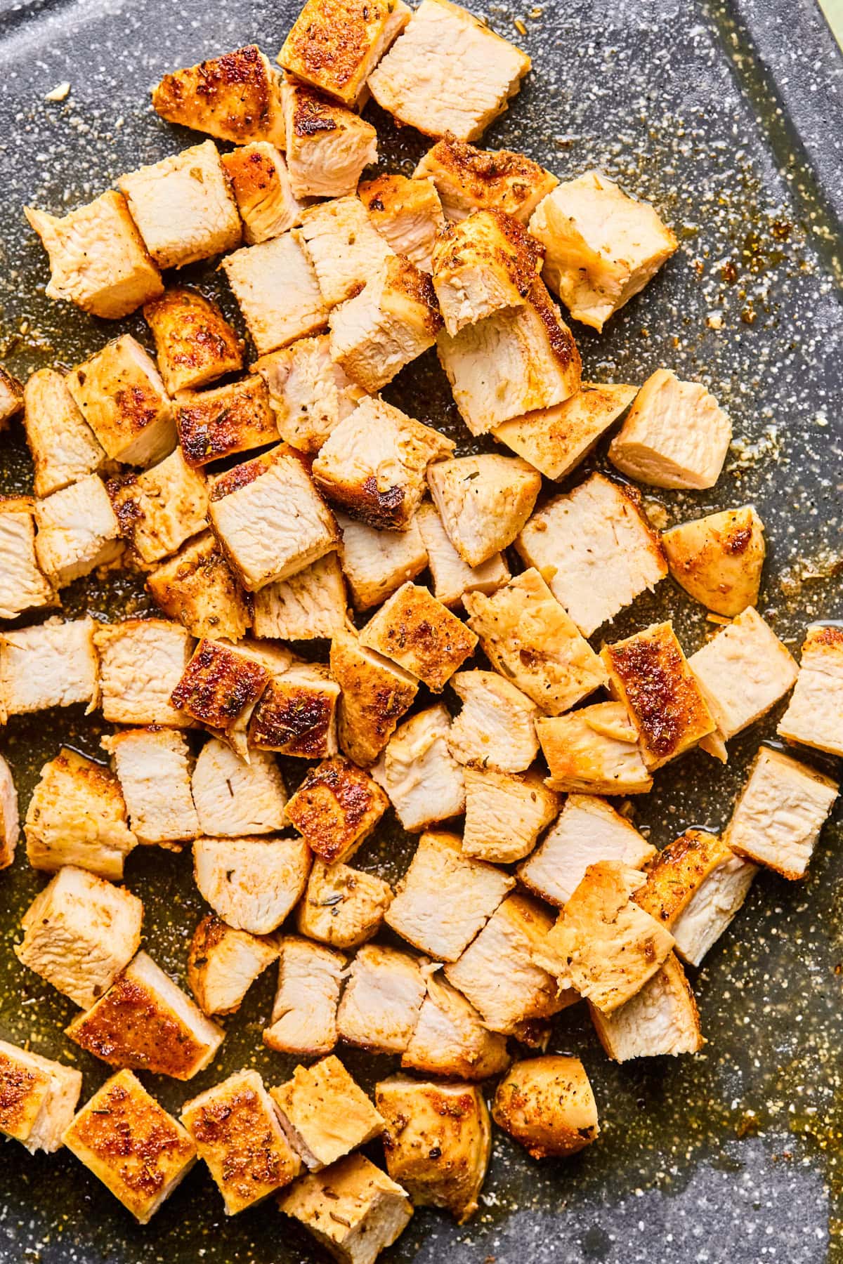 Grilled chicken chopped into bite size pieces.