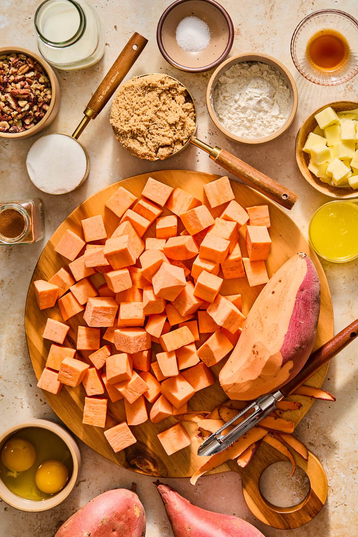 Flat lay of recipe ingredients for sweet potato casserole.